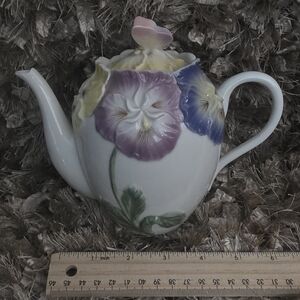 Floral Ceramic Teapot with Purple, Blue, And Yellow Pansies